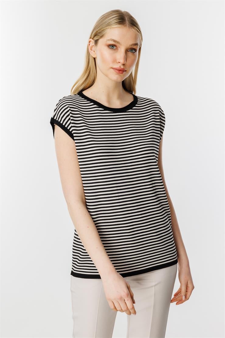 Çizgili Basic Triko Bluz-Siyah-Vizon