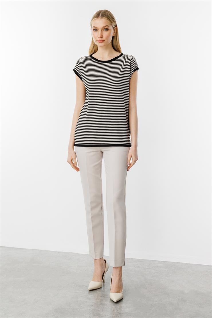 Çizgili Basic Triko Bluz-Siyah-Vizon