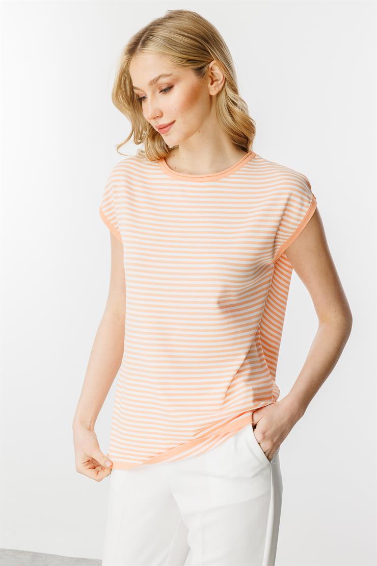 Çizgili Basic Triko Bluz-Somon - Ekru
