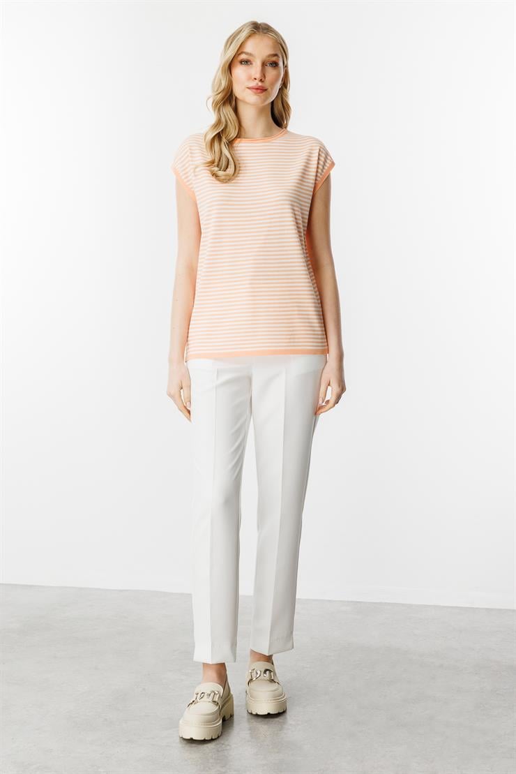 Çizgili Basic Triko Bluz-Somon - Ekru