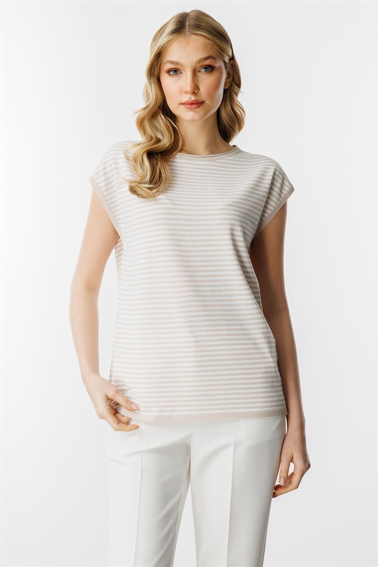 Çizgili Basic Triko Bluz-Vizon - Ekru