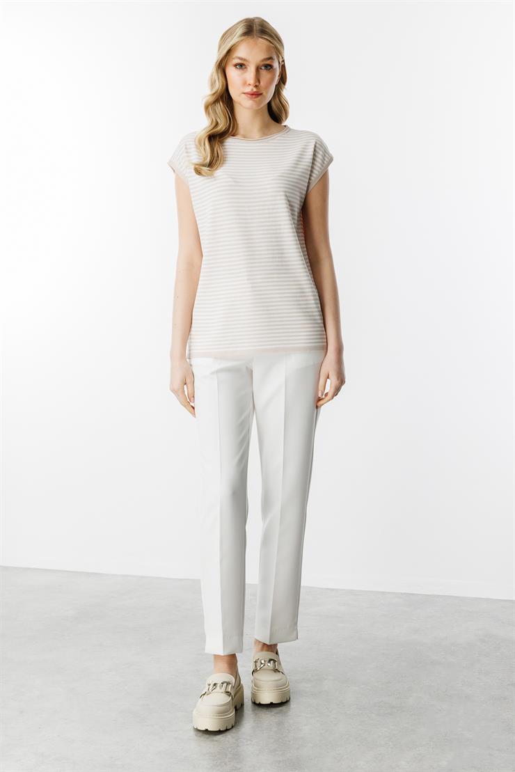Çizgili Basic Triko Bluz-Vizon - Ekru