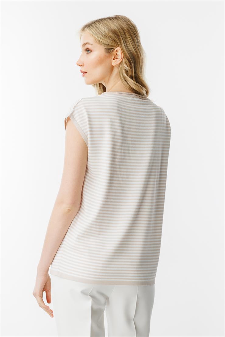 Çizgili Basic Triko Bluz-Vizon - Ekru