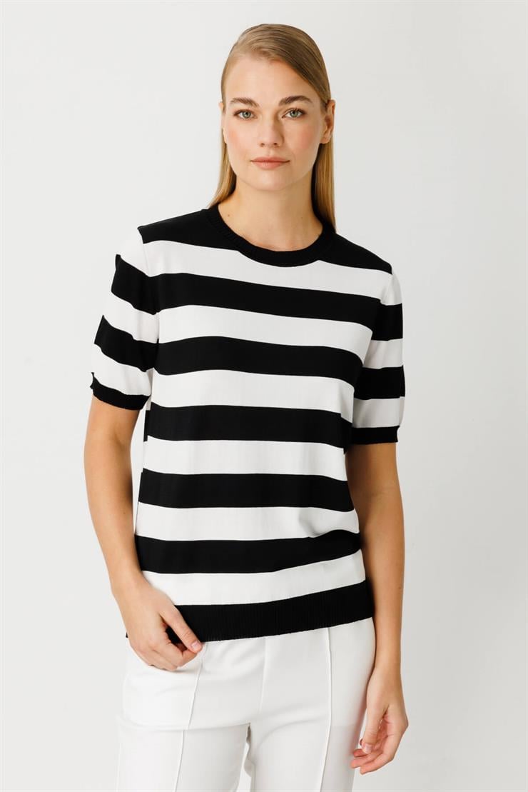 Çizgili Kısa Kollu Triko Bluz-Siyah-Ekru