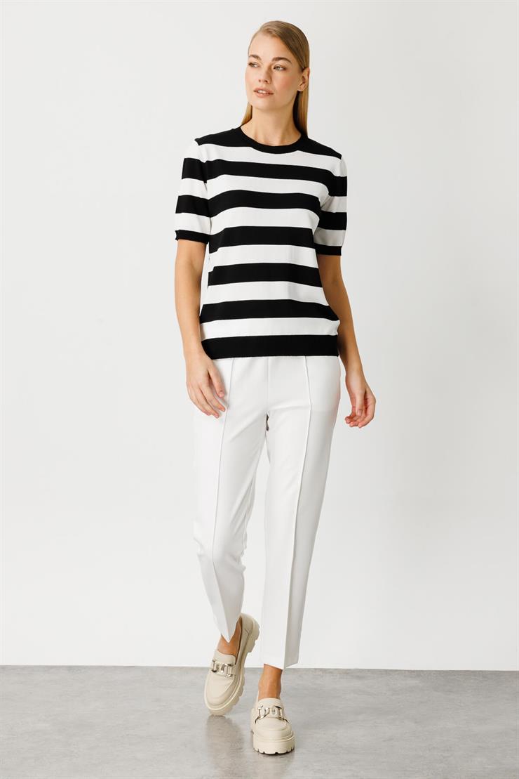 Çizgili Kısa Kollu Triko Bluz-Siyah-Ekru