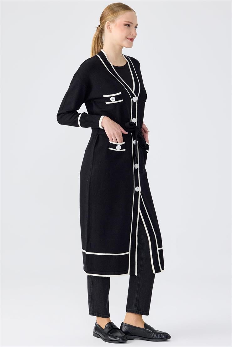 Çizgili Pat Detaylı Triko Hırka SİYAH