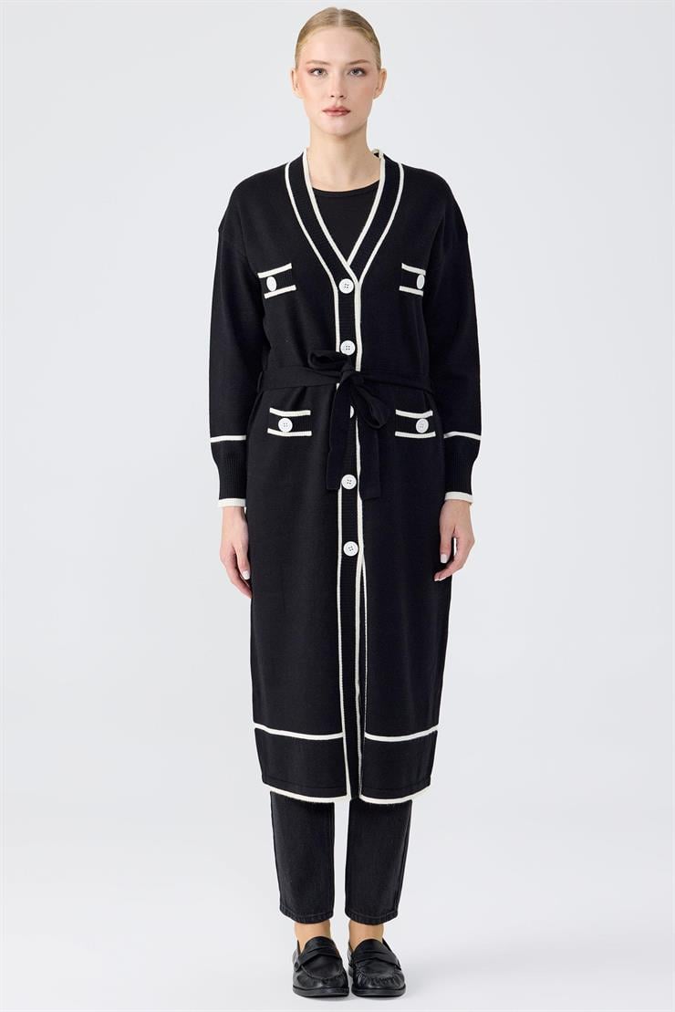 Çizgili Pat Detaylı Triko Hırka SİYAH