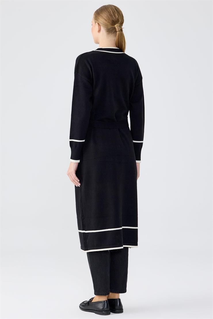 Çizgili Pat Detaylı Triko Hırka SİYAH