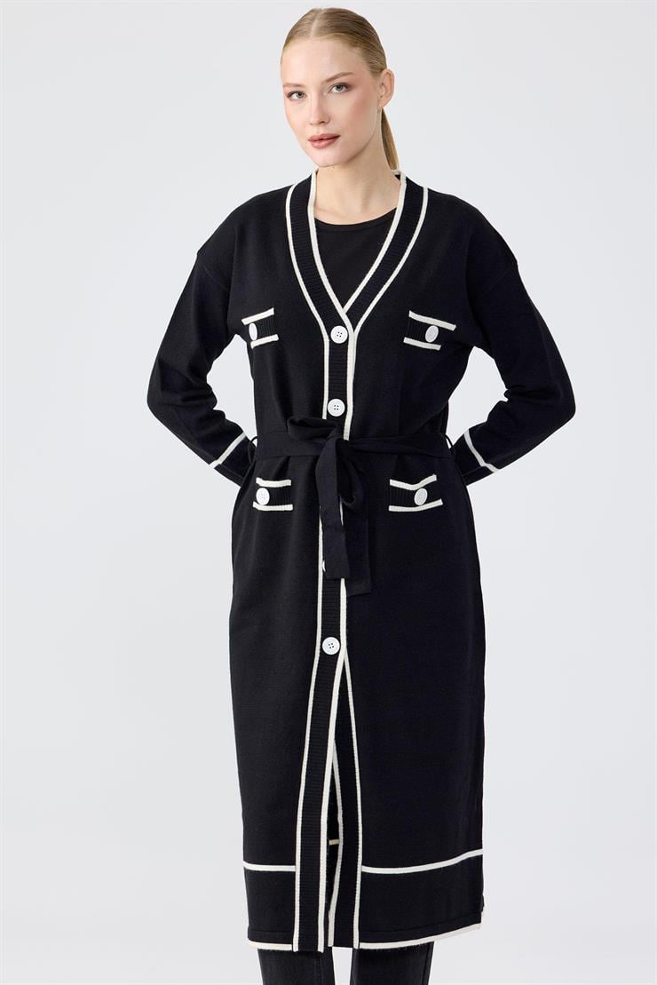 Çizgili Pat Detaylı Triko Hırka SİYAH