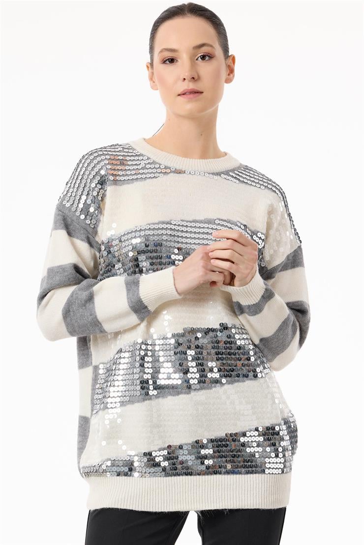 Çizgili Payetli Triko Tunik GRİ-EKRU