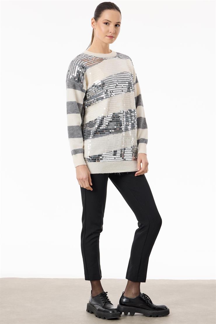 Çizgili Payetli Triko Tunik GRİ-EKRU