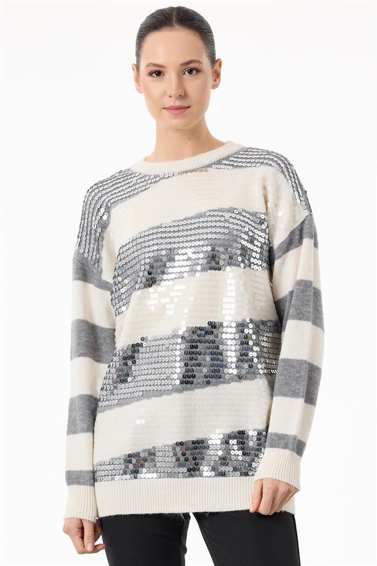 Çizgili Payetli Triko Tunik GRİ-EKRU