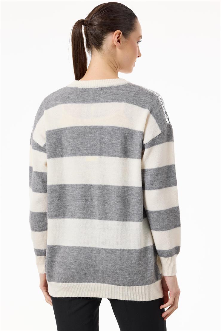 Çizgili Payetli Triko Tunik GRİ-EKRU