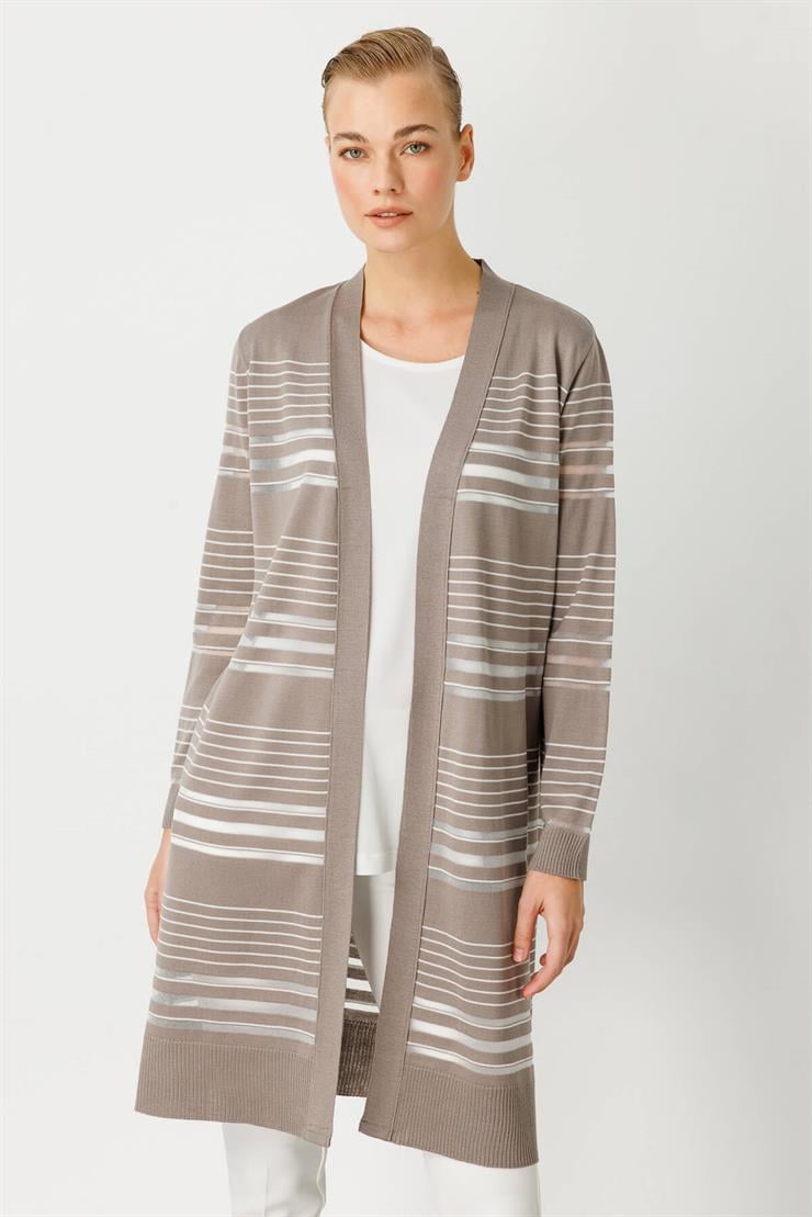 Çizgili Simli Triko Hırka   2514BK102002-Koyu Vizon - Ekru