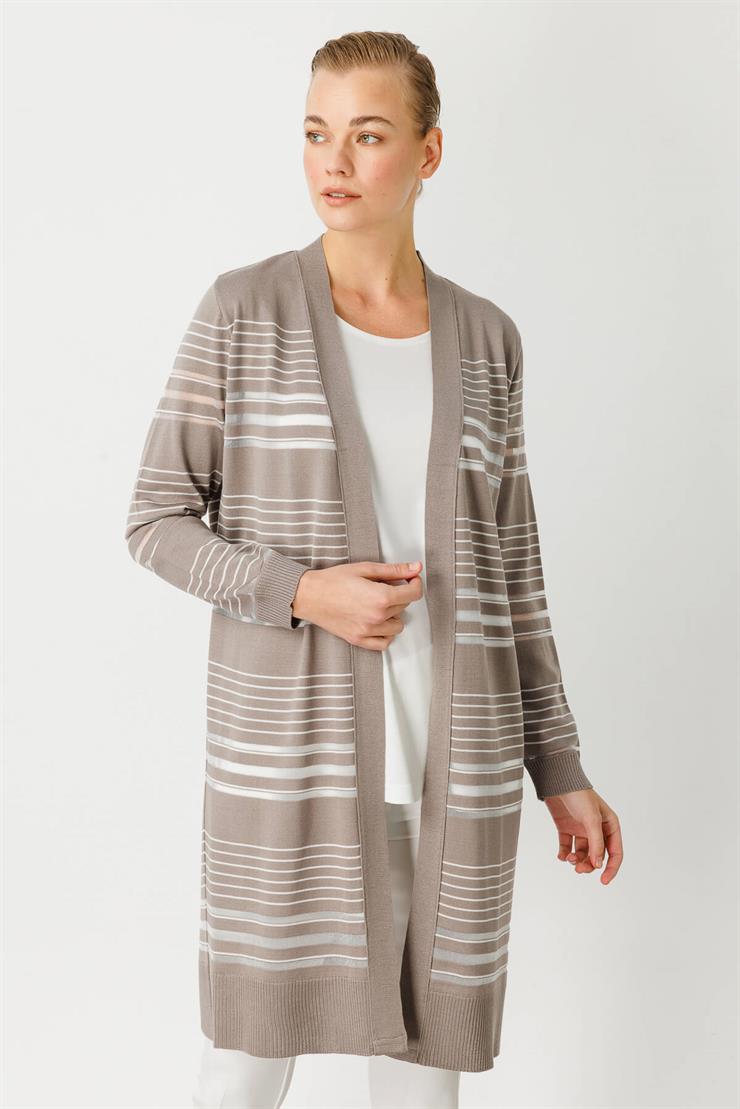 Çizgili Simli Triko Hırka   2514BK102002-Koyu Vizon - Ekru