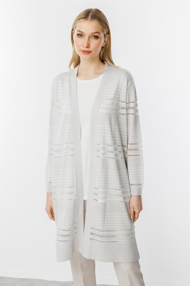 Çizgili Simli Triko Hırka   2514BK102002-Gri - Ekru