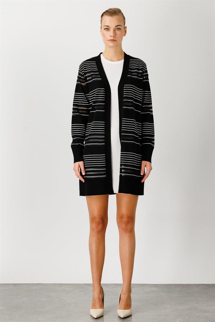 Çizgili Simli Triko Hırka   2514BK102002-Siyah-Ekru