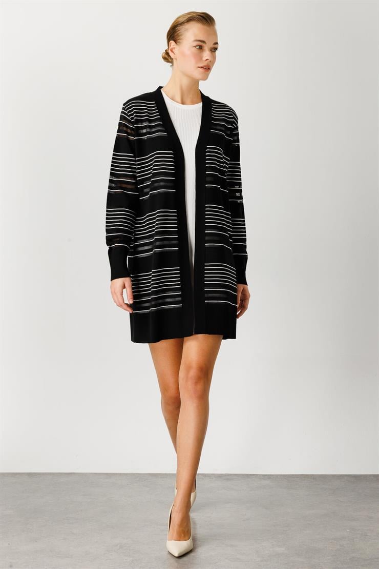 Çizgili Simli Triko Hırka   2514BK102002-Siyah-Ekru