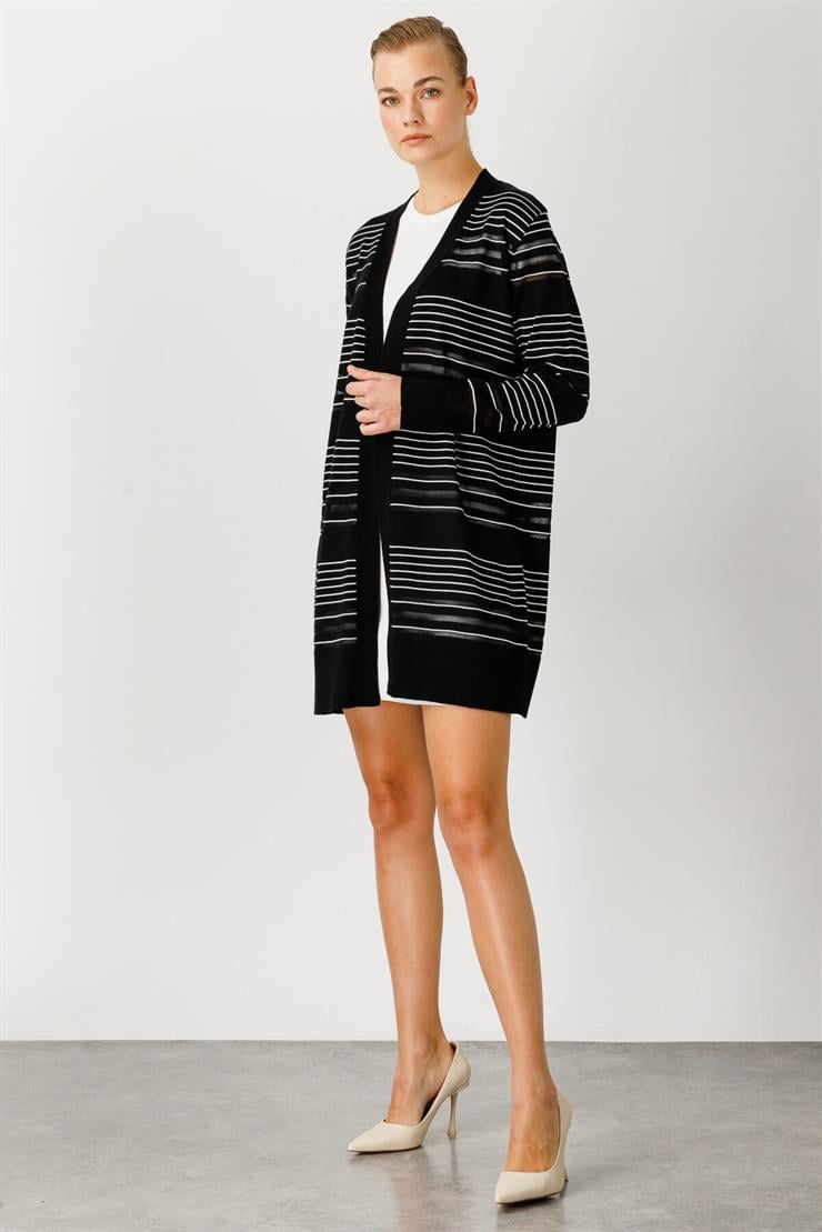 Çizgili Simli Triko Hırka   2514BK102002-Siyah-Ekru