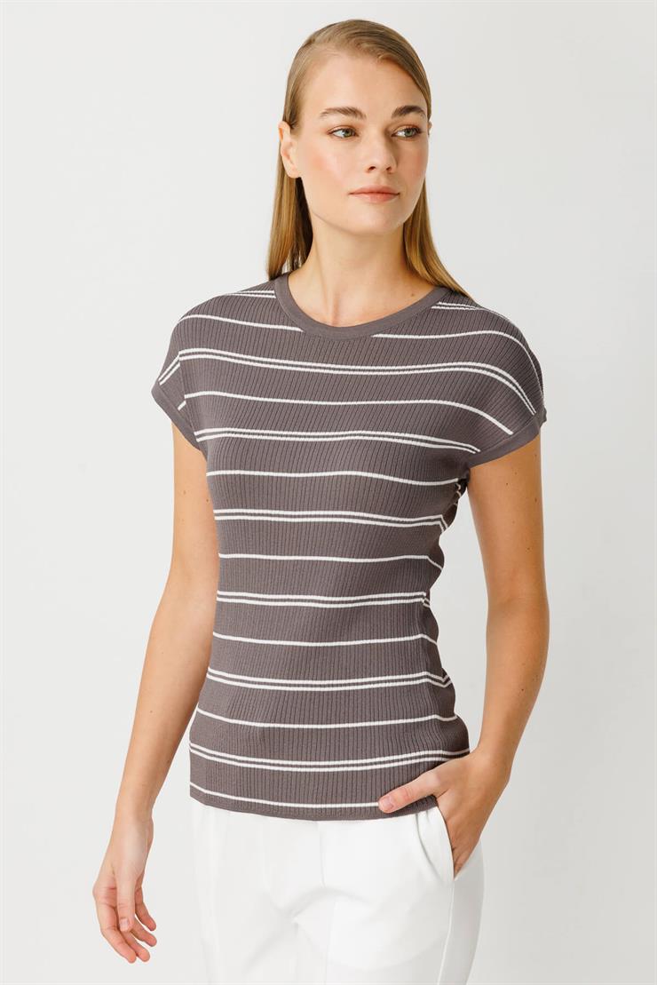 Çizgili Triko Bluz-Fume