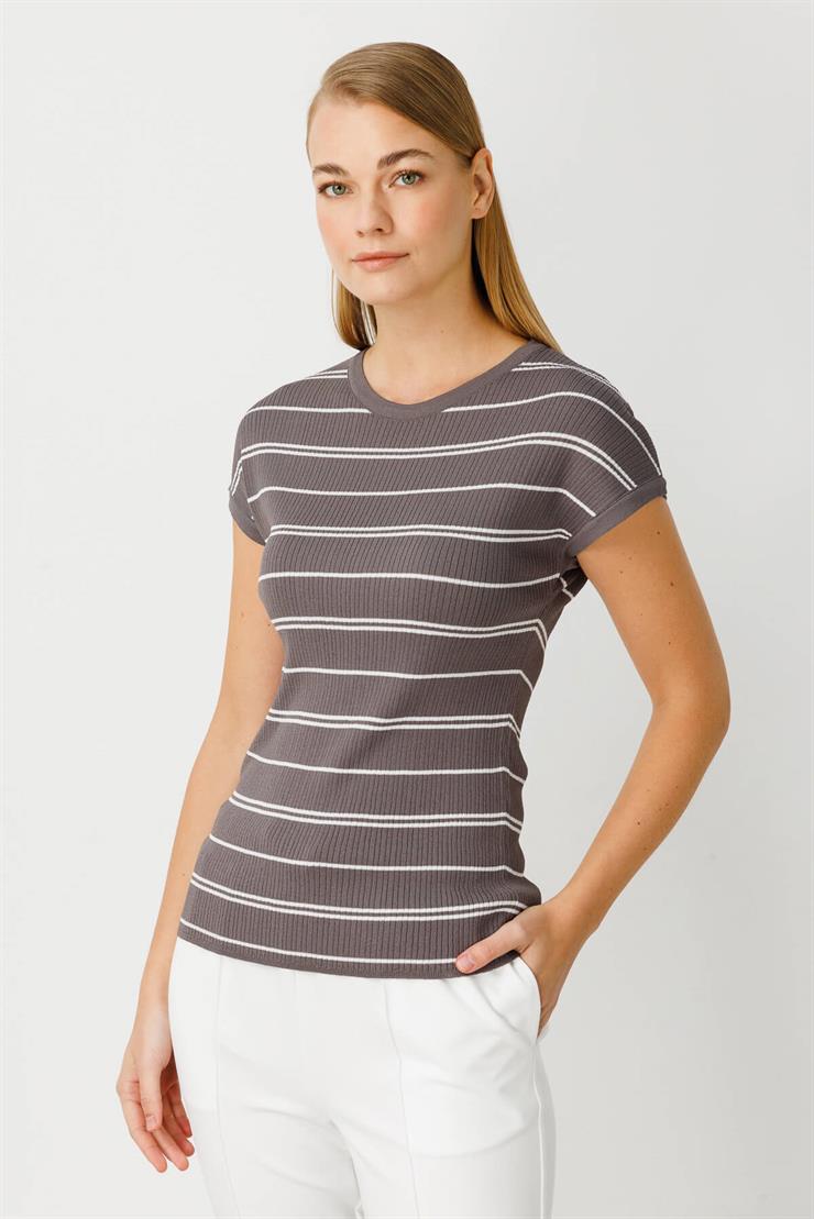 Çizgili Triko Bluz-Fume