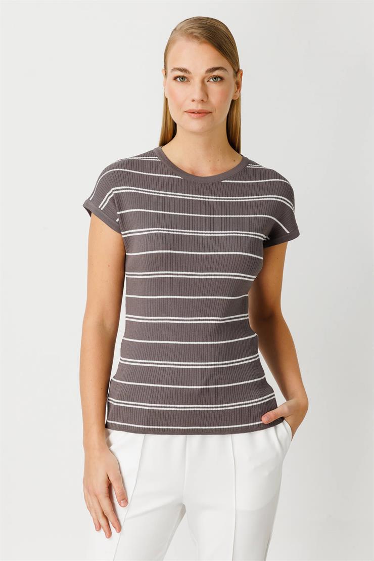 Çizgili Triko Bluz-Fume