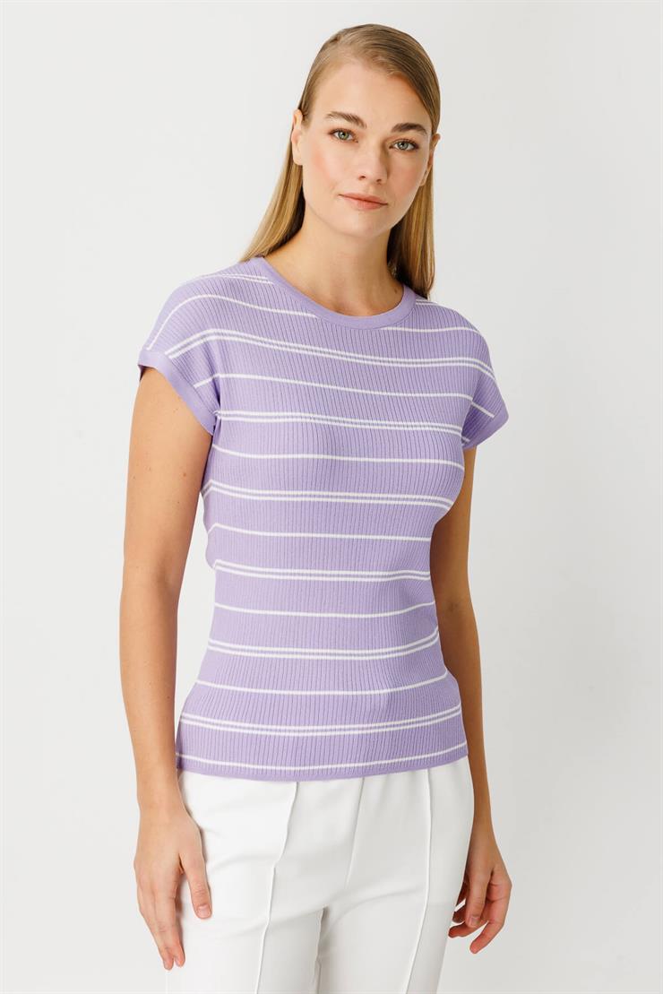 Çizgili Triko Bluz-Lila