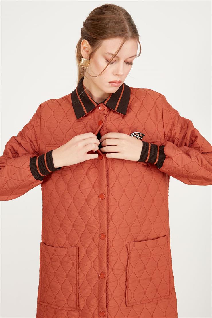 Çizgili Triko Detaylı Kapütone Kaban KİREMİT