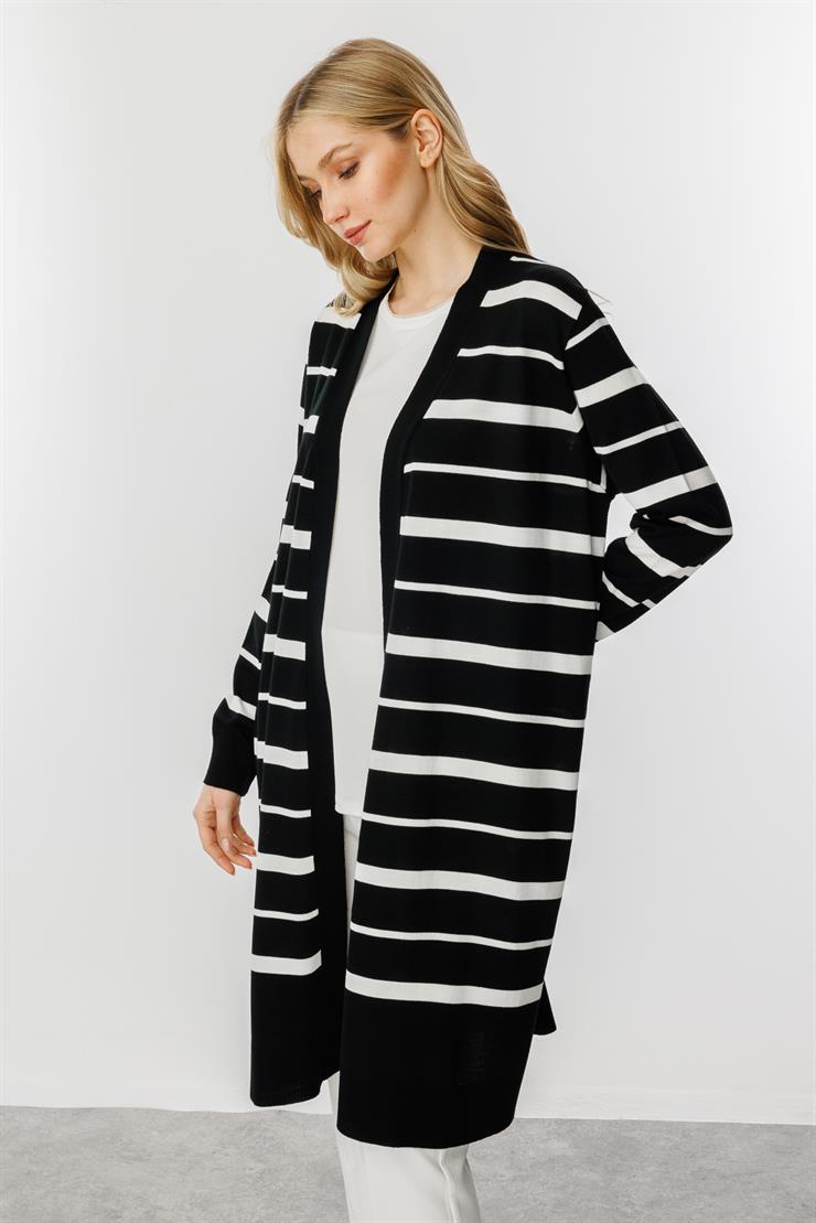 Çizgili Triko Hırka-Gri - Ekru