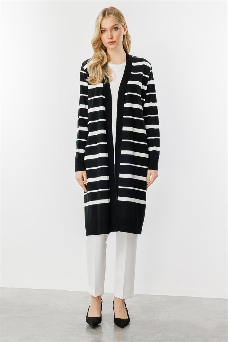 Çizgili Triko Hırka-Gri - Ekru