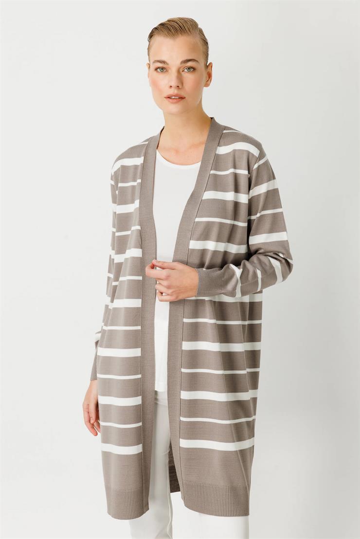 Çizgili Triko Hırka-Koyu Vizon - Ekru