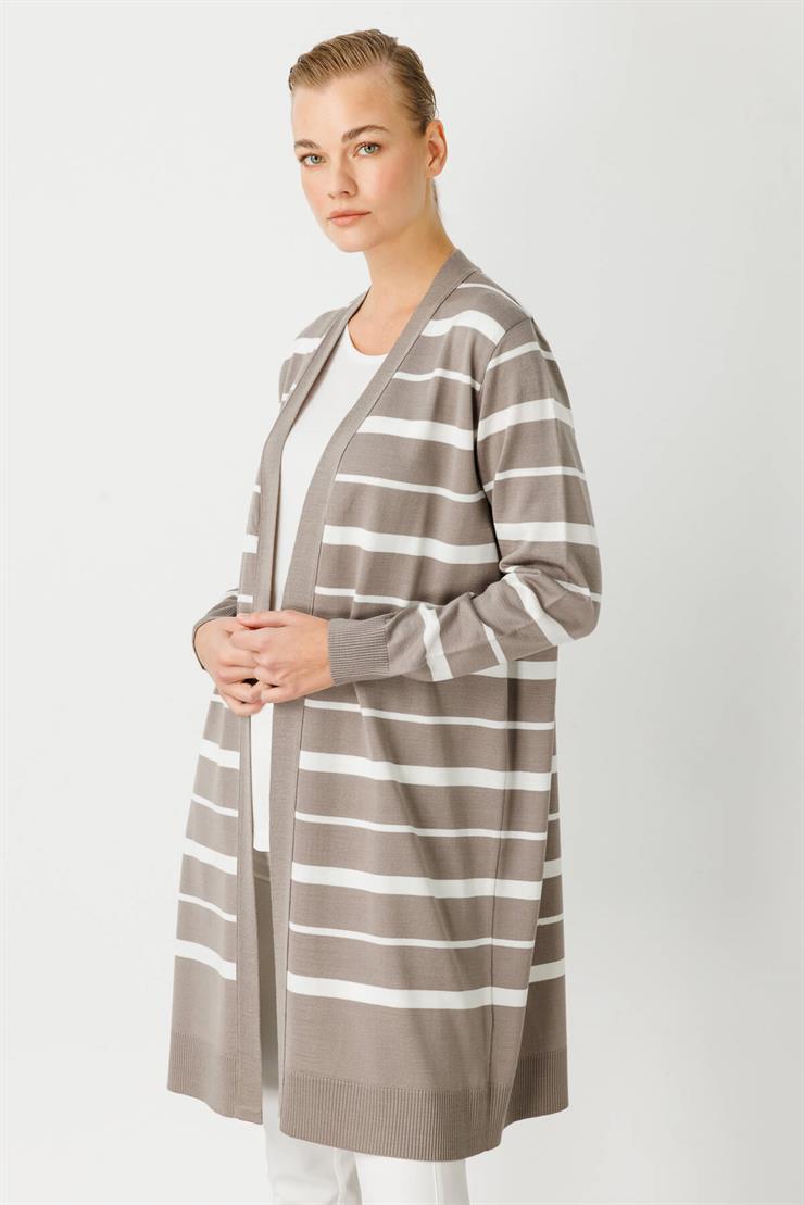 Çizgili Triko Hırka-Koyu Vizon - Ekru