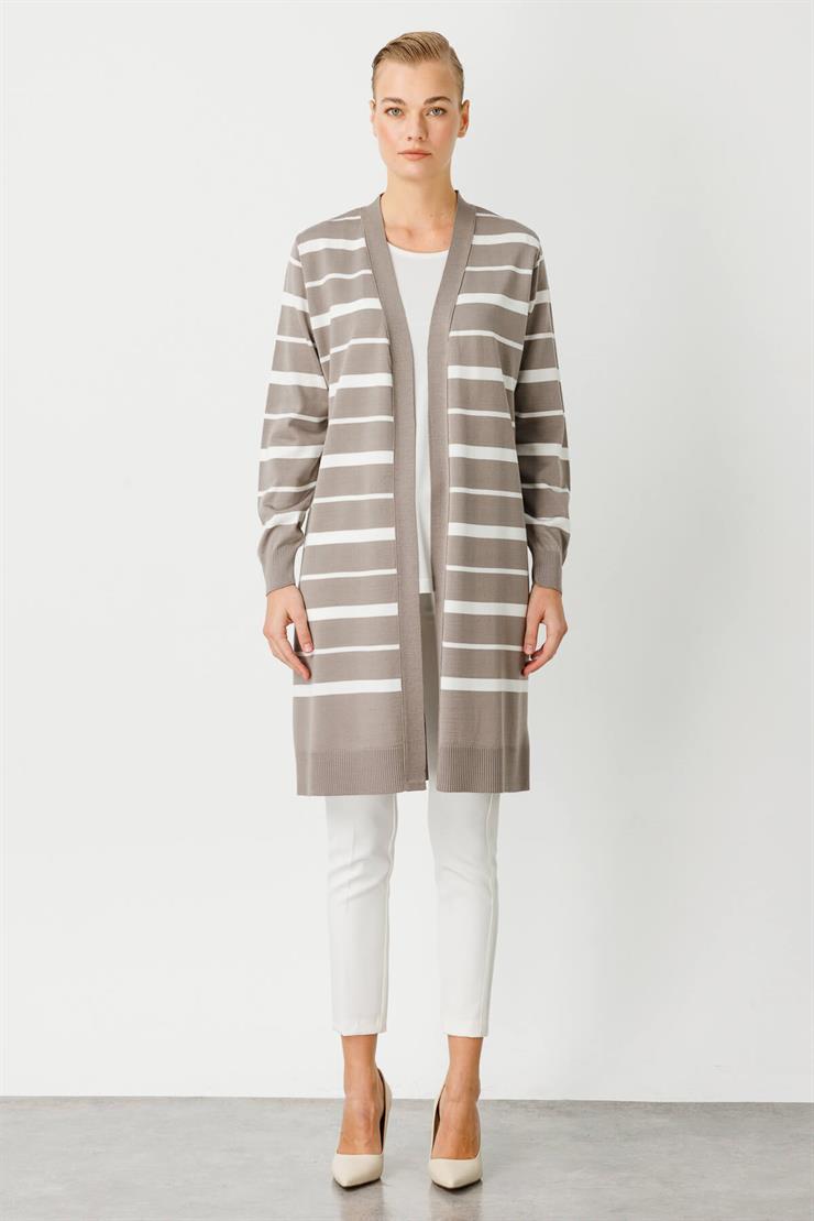 Çizgili Triko Hırka-Koyu Vizon - Ekru