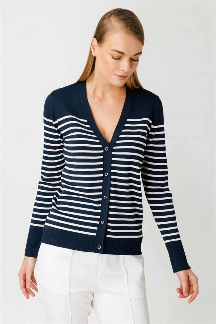 Çizgili Triko Hırka-Lacivert-Ekru