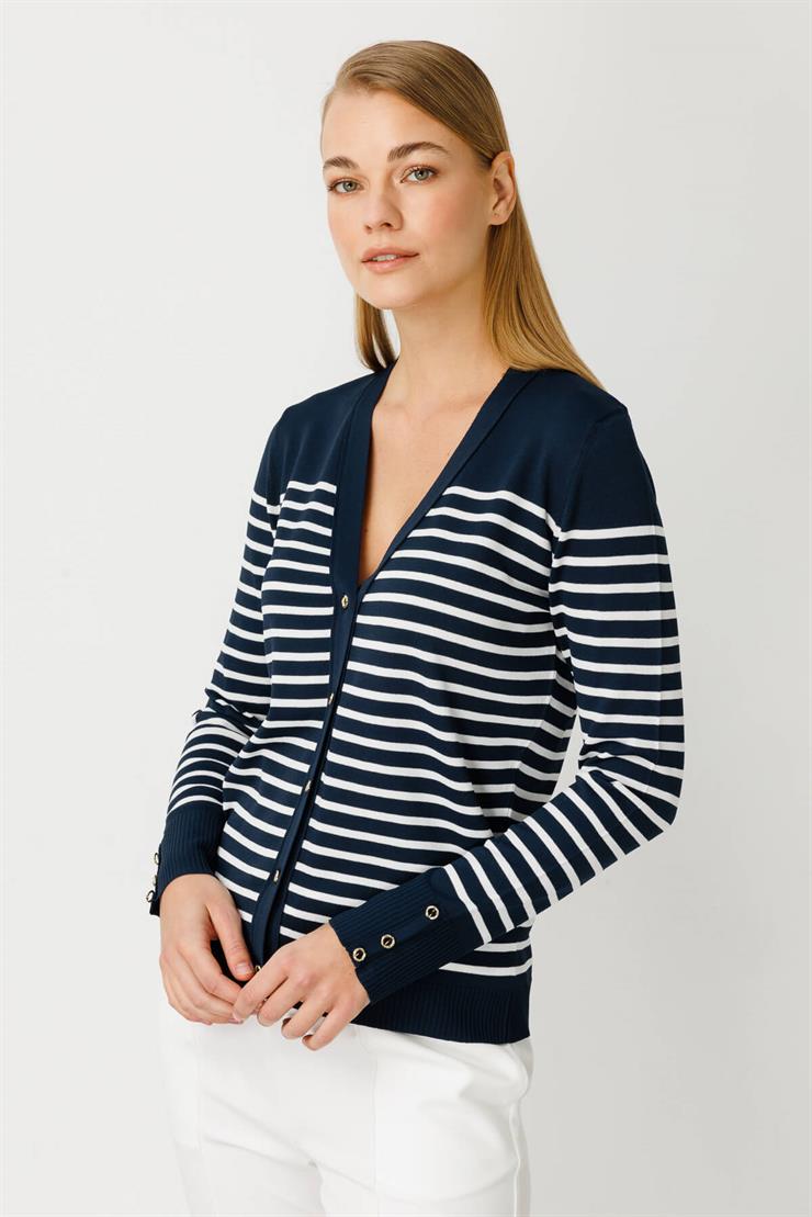Çizgili Triko Hırka-Lacivert-Ekru