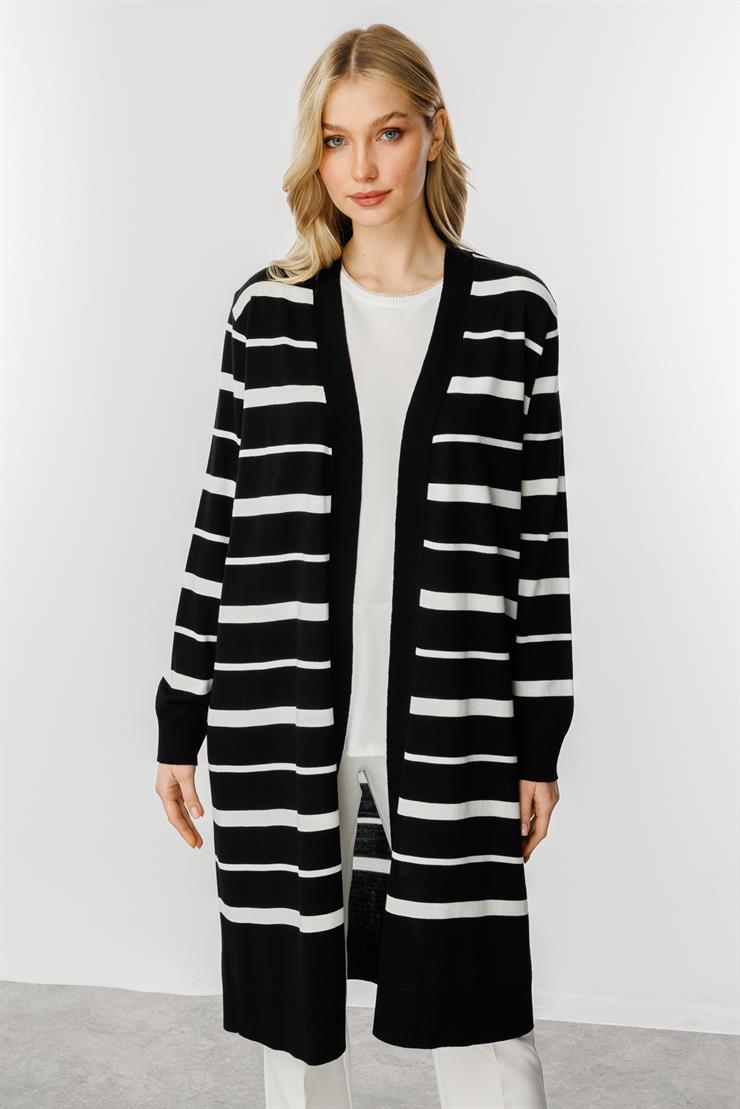 Çizgili Triko Hırka-Siyah-Ekru