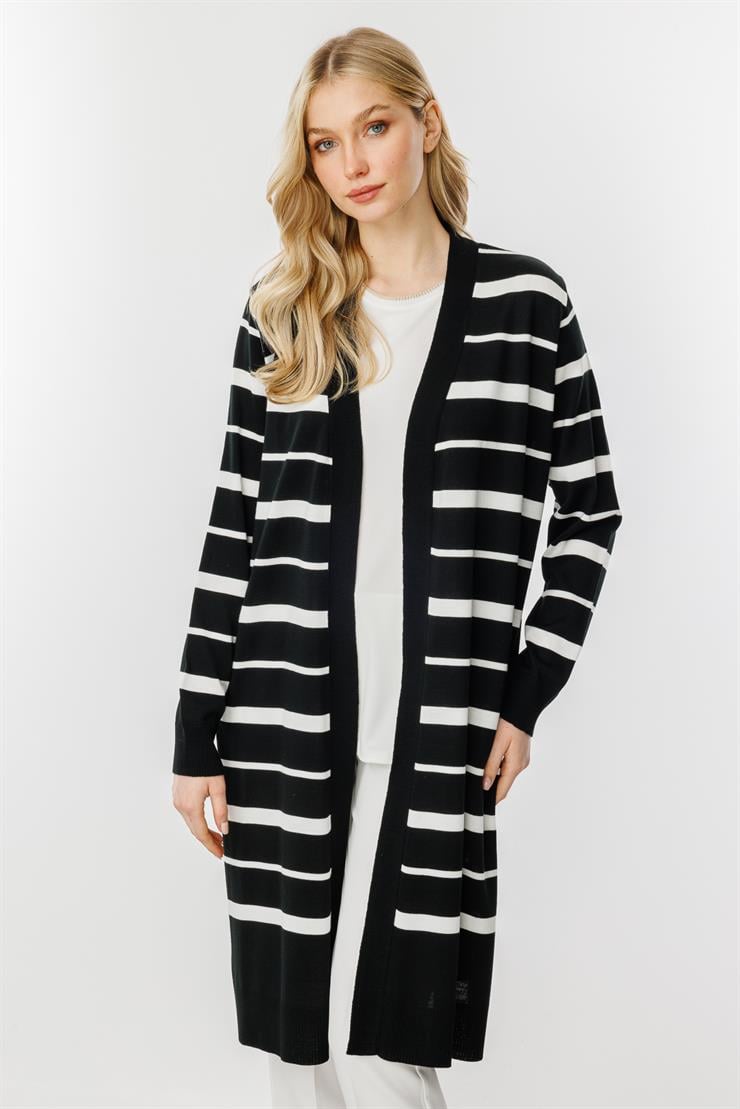 Çizgili Triko Hırka-Siyah-Ekru