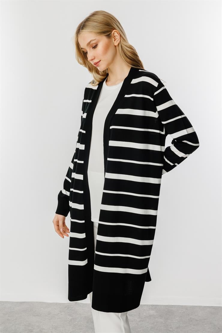 Çizgili Triko Hırka-Siyah-Ekru