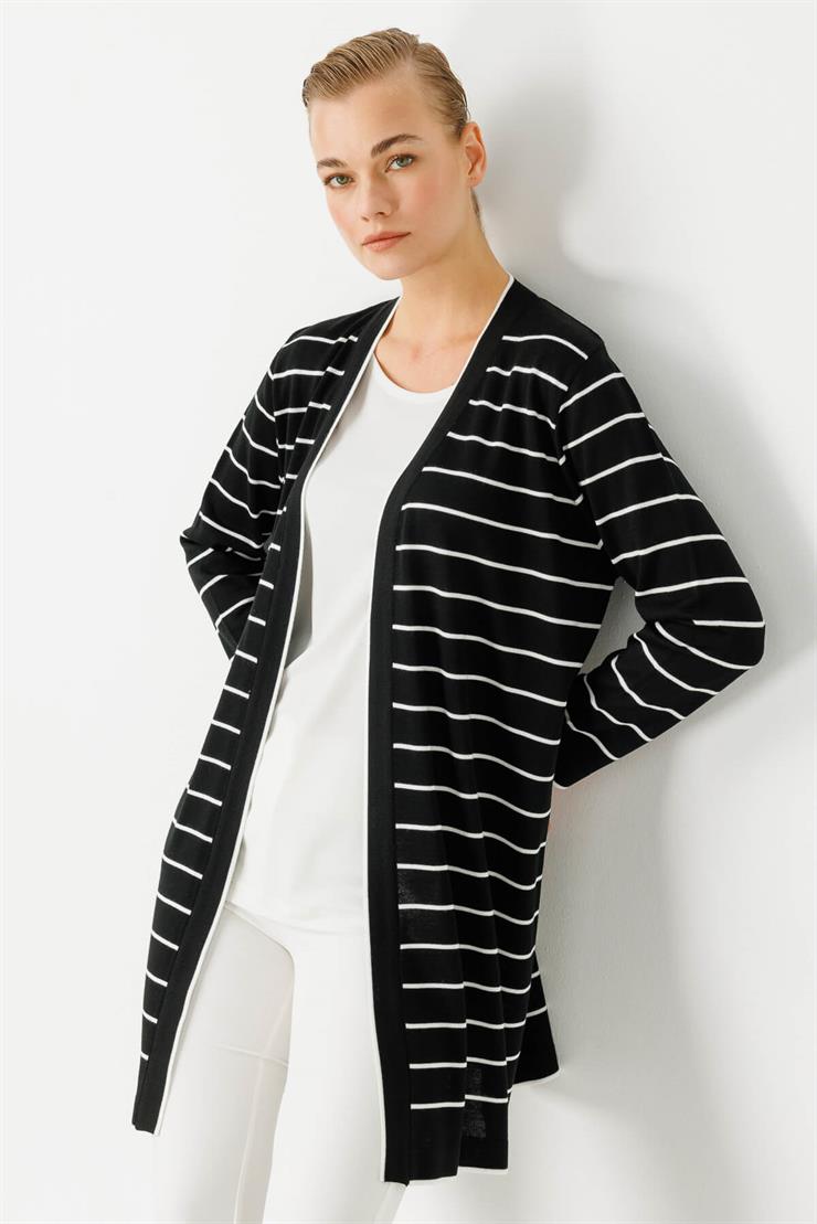 Çizgili Triko Hırka-Siyah-Ekru