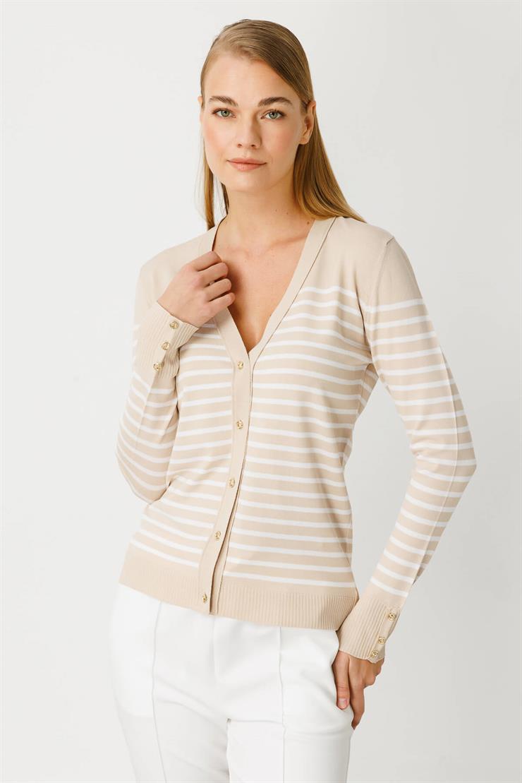 Çizgili Triko Hırka-Taş - Ekru