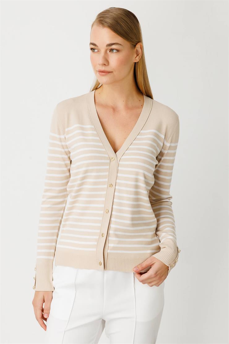 Çizgili Triko Hırka-Taş - Ekru