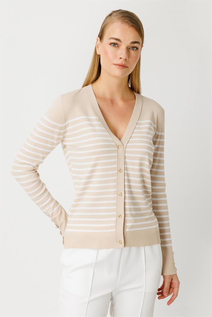 Çizgili Triko Hırka-Taş - Ekru