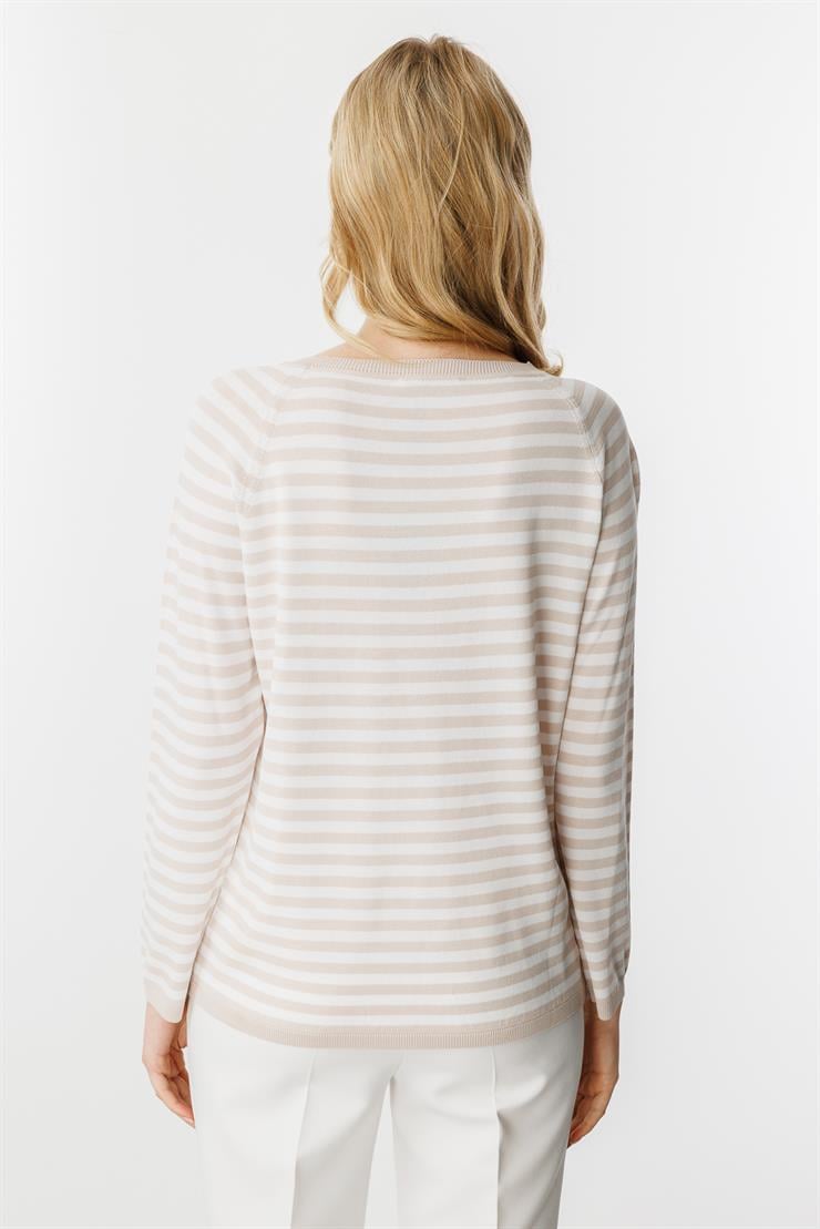 Çizgili Uzun Kol Yazlık Triko Bluz-Bej - Ekru