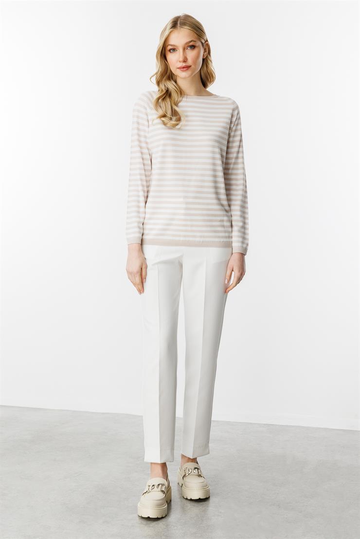 Çizgili Uzun Kol Yazlık Triko Bluz-Bej - Ekru