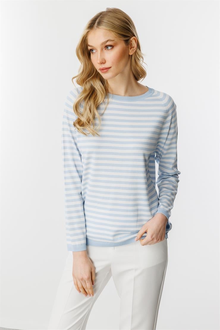 Çizgili Uzun Kol Yazlık Triko Bluz-Mavi - Ekru