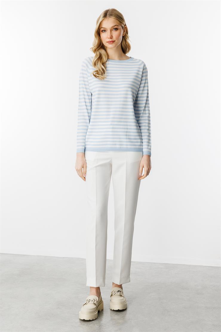 Çizgili Uzun Kol Yazlık Triko Bluz-Mavi - Ekru