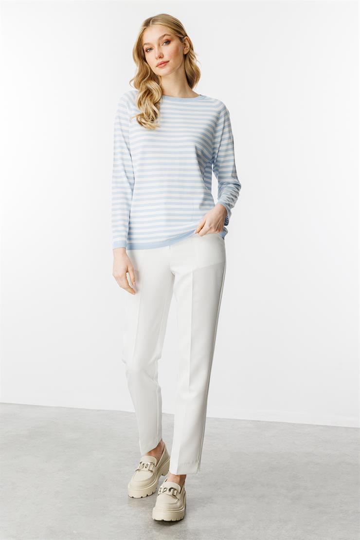 Çizgili Uzun Kol Yazlık Triko Bluz-Mavi - Ekru