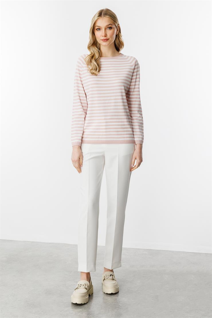 Çizgili Uzun Kol Yazlık Triko Bluz-Pudra - Ekru