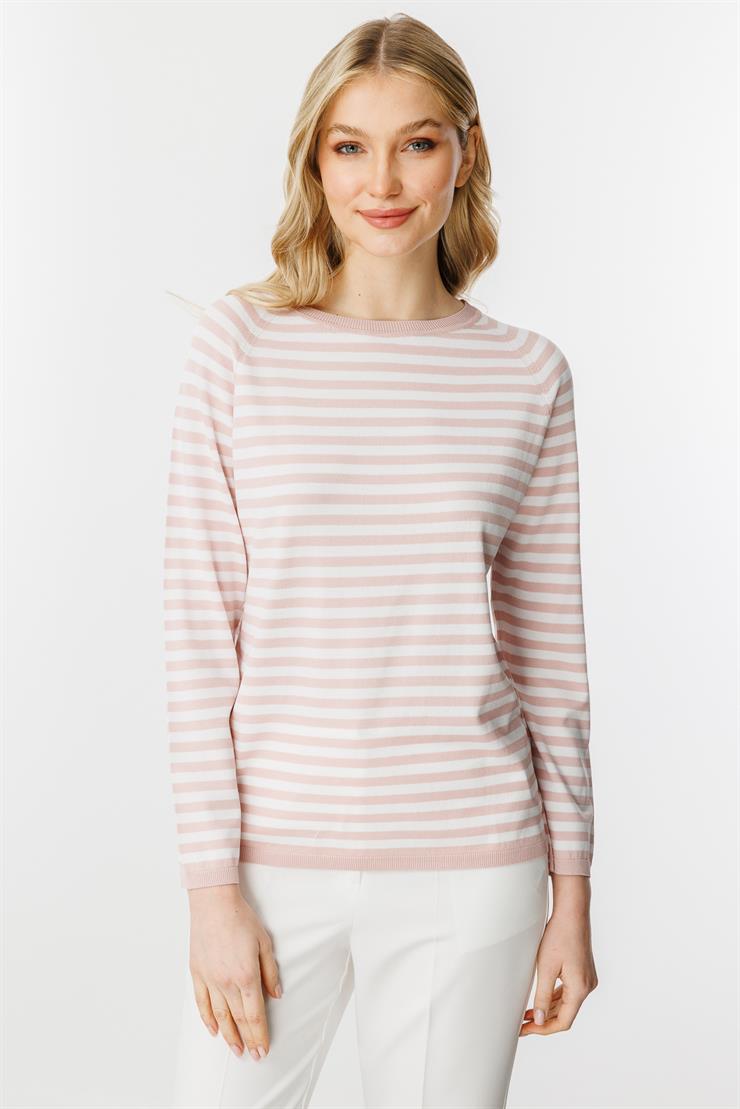 Çizgili Uzun Kol Yazlık Triko Bluz-Pudra - Ekru