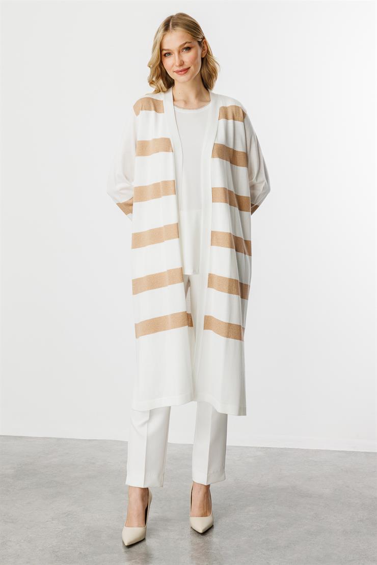 Çizgili Uzun Yazlık Triko Hırka-Ekru - Gold